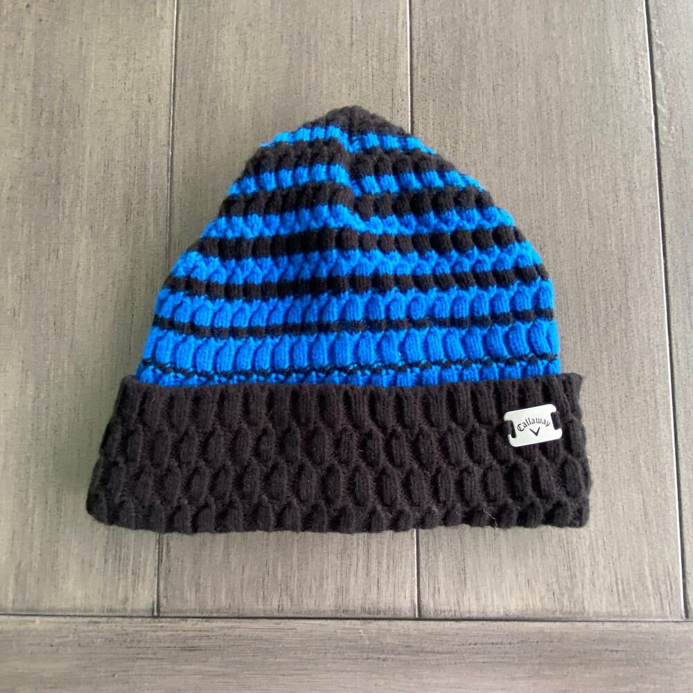 Callaway Chunky Knit Beanie • Blue/Black Stripes • Fleece‑Lined • Golf